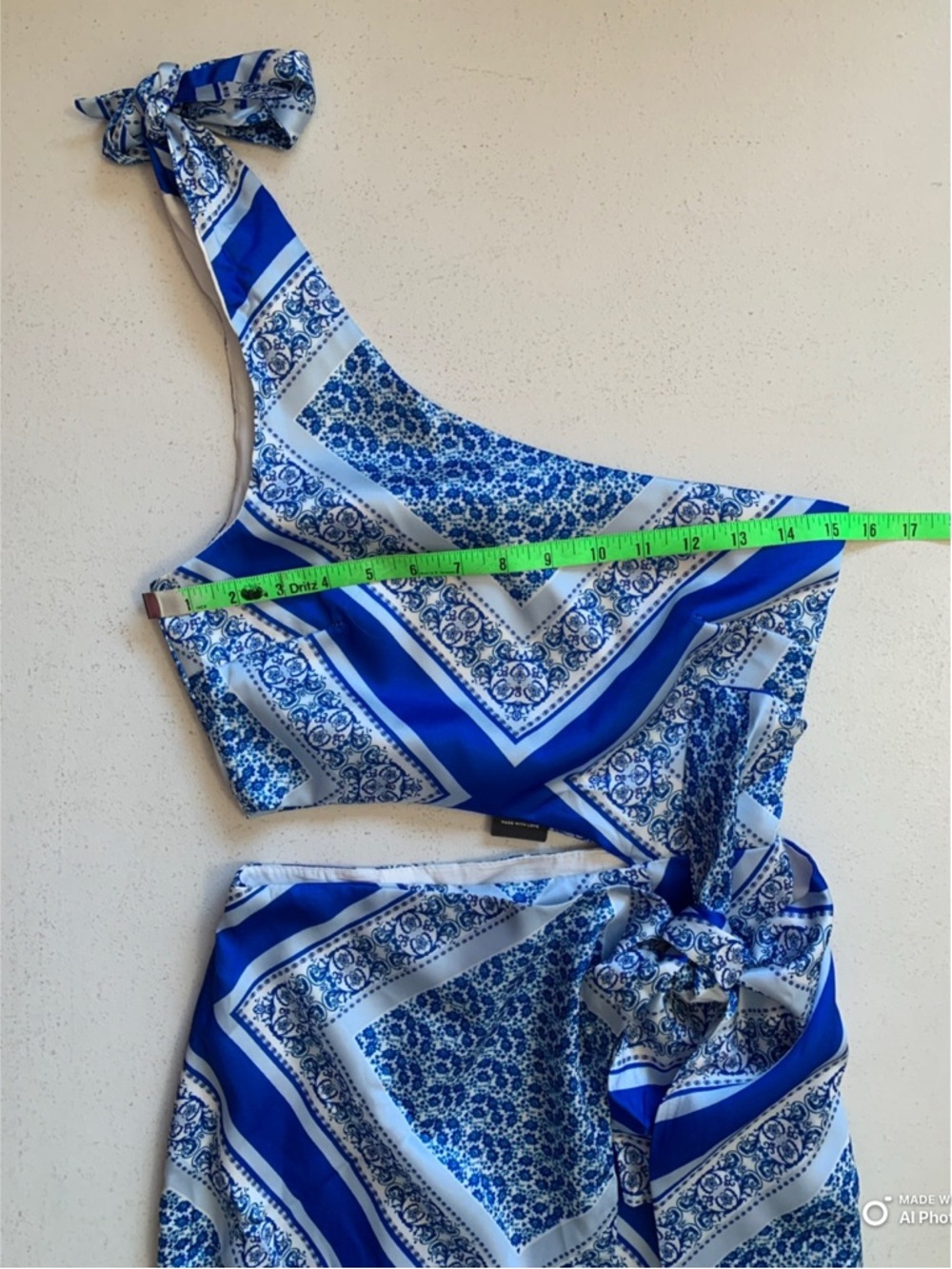 Lulus XS Vacay Beauty Blue Scarf Print One-Shoulder Tie Strap Midi Dress NWT - Picture 14 of 17